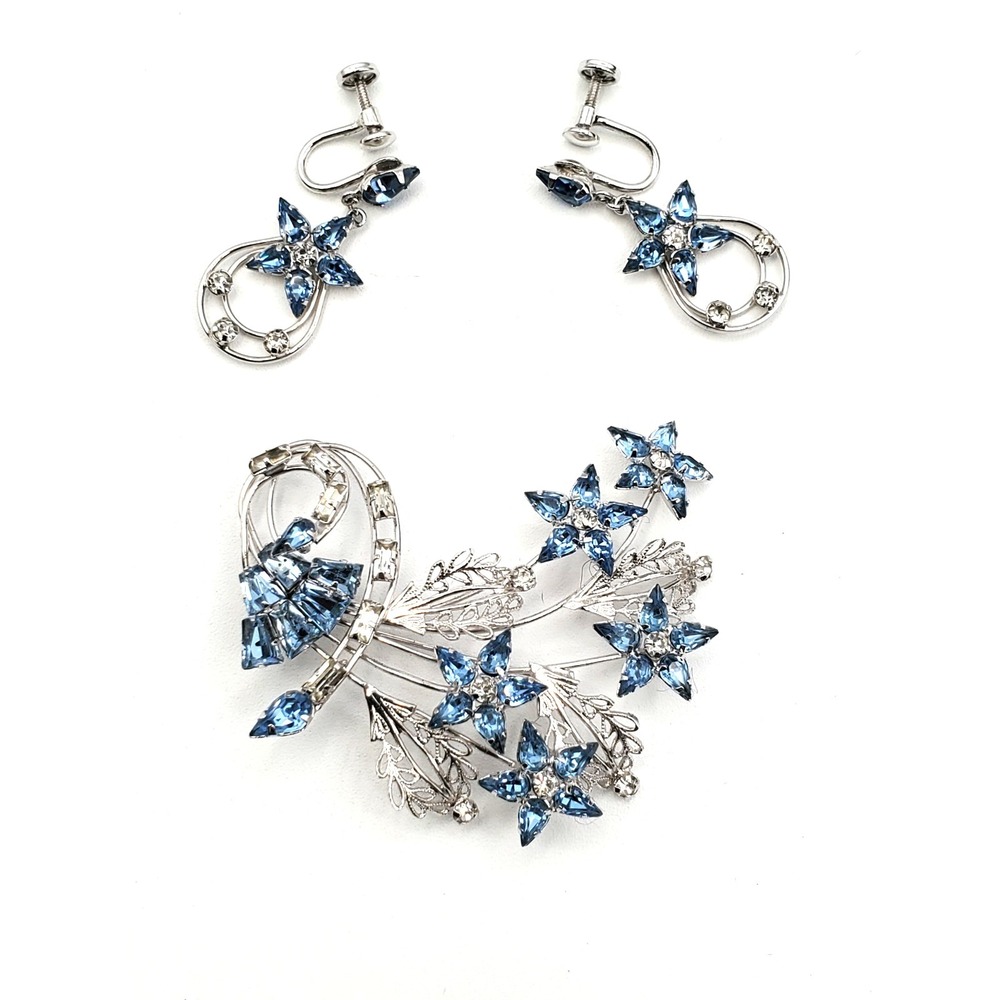 Vintage Sterling Silver Aqua Rhinestone Stars Brooch & Screw Back Earrings 19g